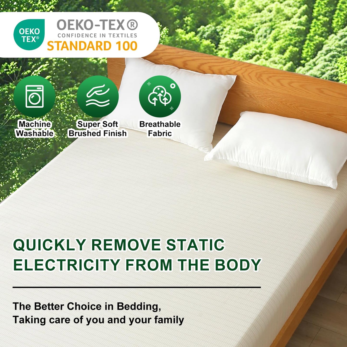 Ivellow Grounding Sheets Queen 10% Pure Silver Fiber 90% Organic Cotton Fitted Sheet Queen Size 16” Deep Pocket Soft Grounded Sheets Earth Connected Bedding Beige Fitted Bed Sheet with Grounding Cord