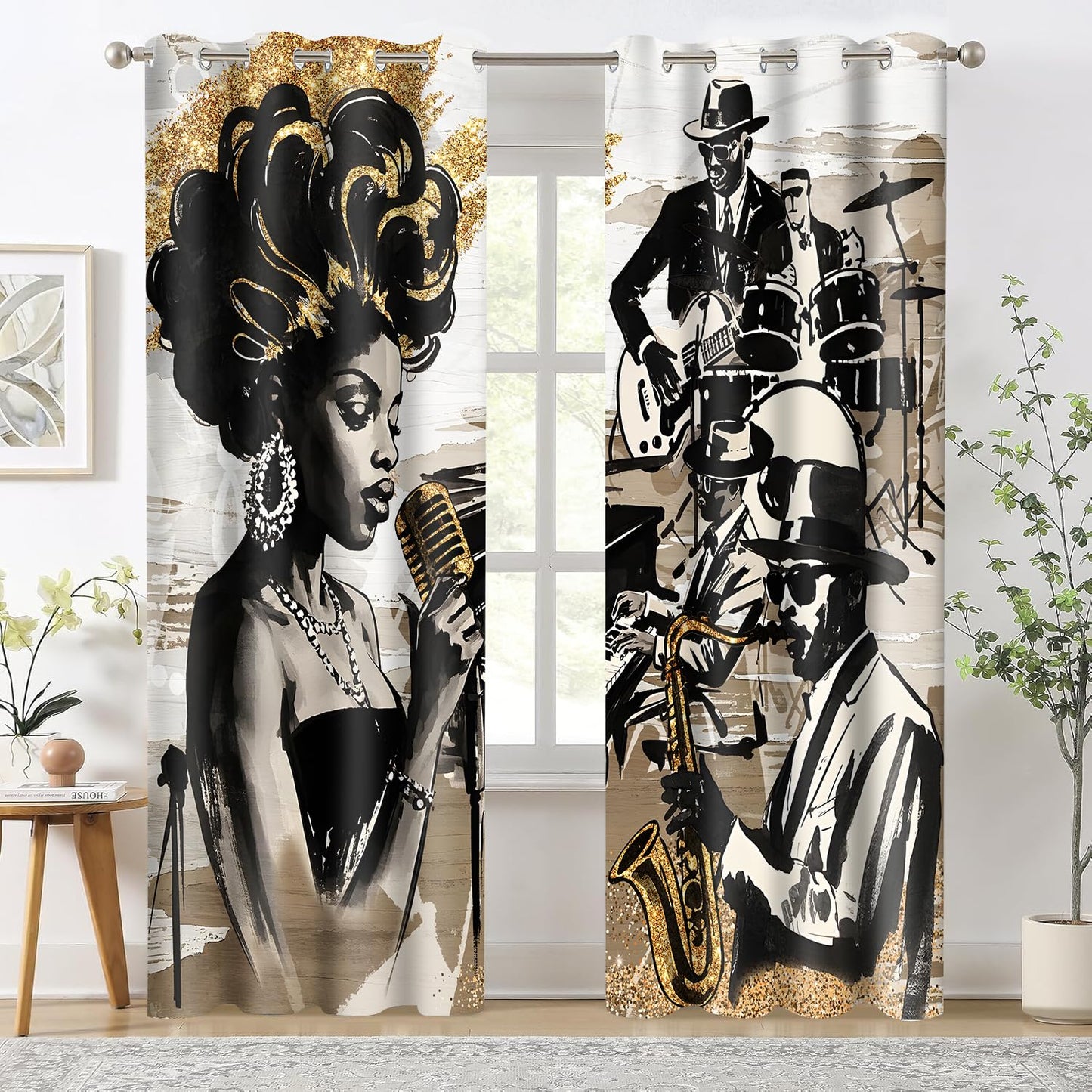 HIYSMT American Woman Jazz Music Curtains African Black Girl Singing Jazzist Band Blackout Curtain Afrocentric Black Gold Modern Art Treatments for Music Room Bedroom 4284inch 2Panel HI028DX