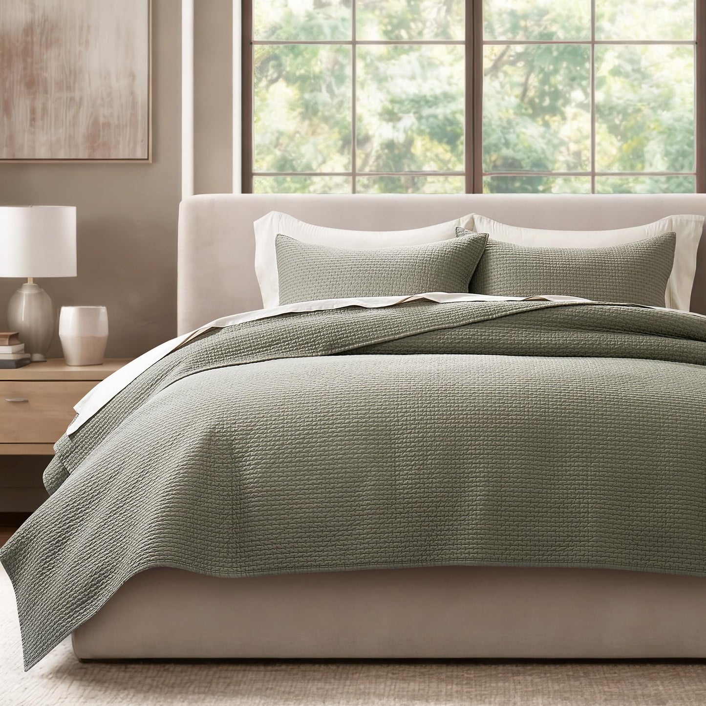 EVERGRACE Cotton Sateen Pick-Stitch Quilt Set King Size – 100% Cotton Coverlet Bedding, Pre-Washed Oversized Bedspread, Breathable All-Season Quilt Set with 2 Shams, Eucalyptus Green