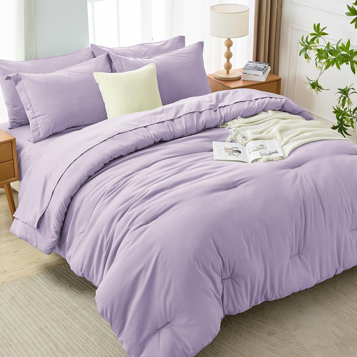 MUXHOMO 7 Pieces Queen Comforter Set, Soft Bed in a Bag Queen Size, All Season Bedding Set with Comforter, Flat Sheet, Fitted Sheet, Pillowcases & Shams, Lavender