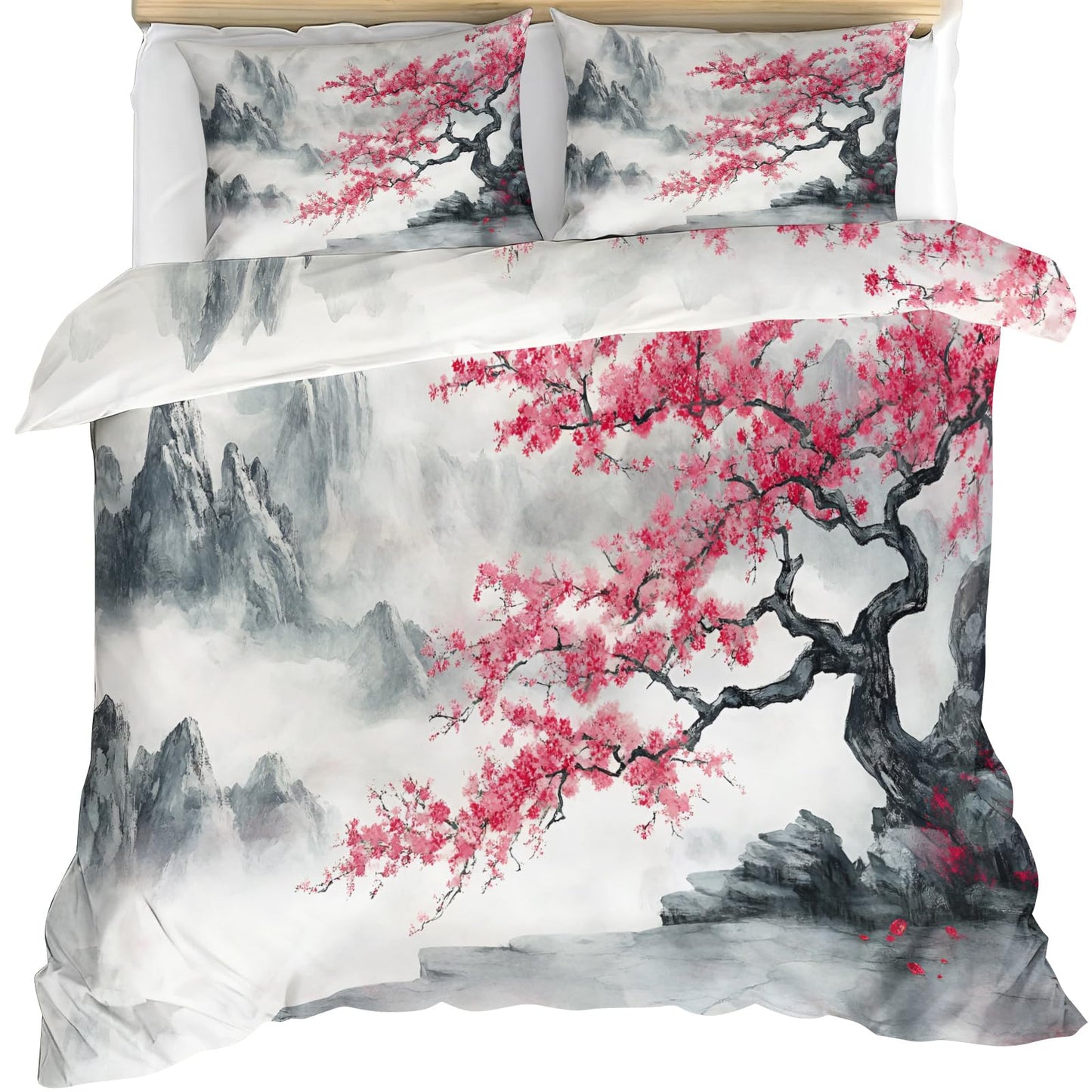 GKPLY Cherry Blossom Duvet Cover King, Mountain Bedding & Bedroom Decor, Traditional Floral Comforter, Zipper Closure, Misty Landscape Duvet Cover & 2 Pillowcases, Reversible Print