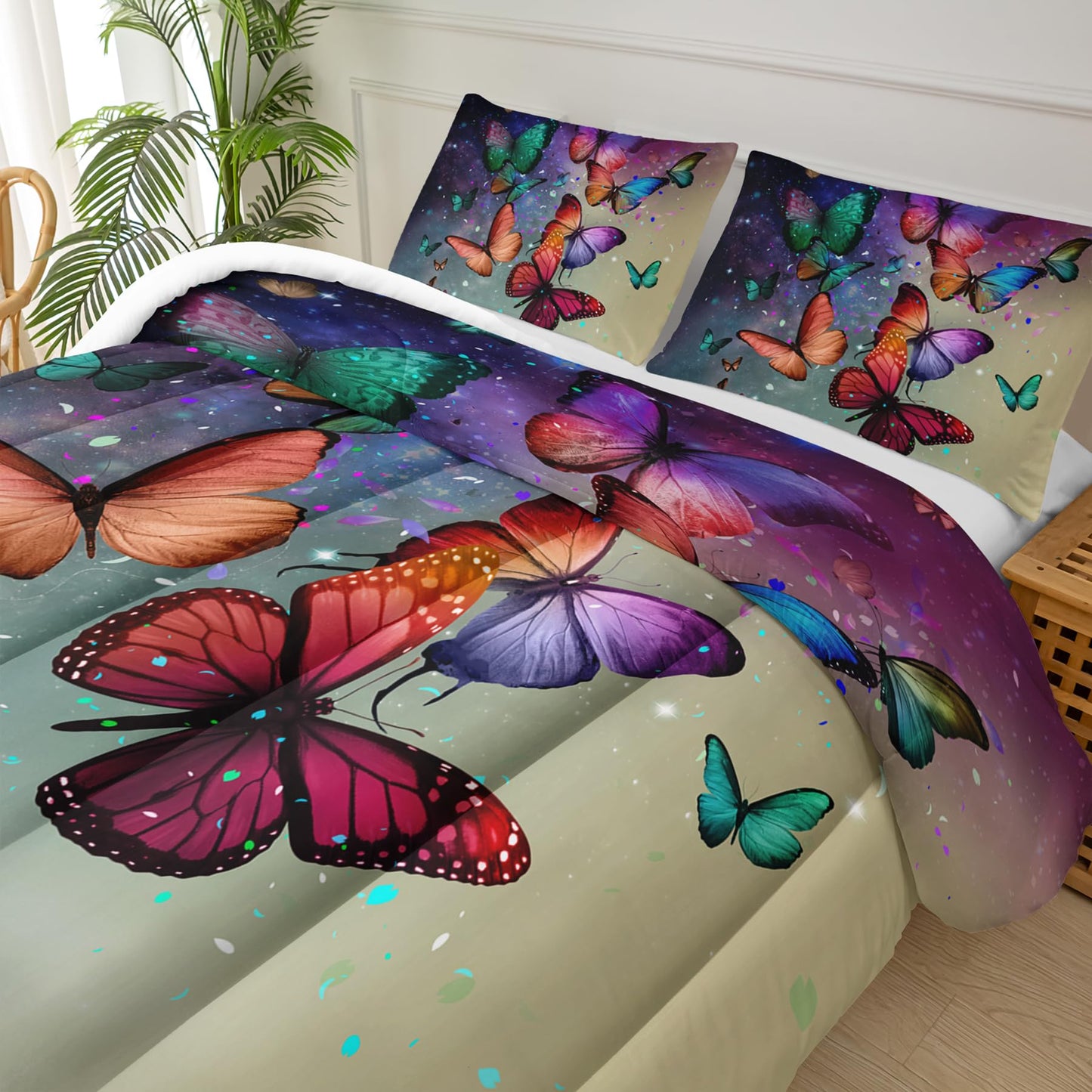 lneffble Colorful Butterfly Bed Comforter Set,Rainbow Butterfly Comforter Set Full for Boys Girls,Dreamy Butterfly Galaxy Gradient Print Bedding Set,Soft Microfiber Quilt Set with 2 Pillowcase