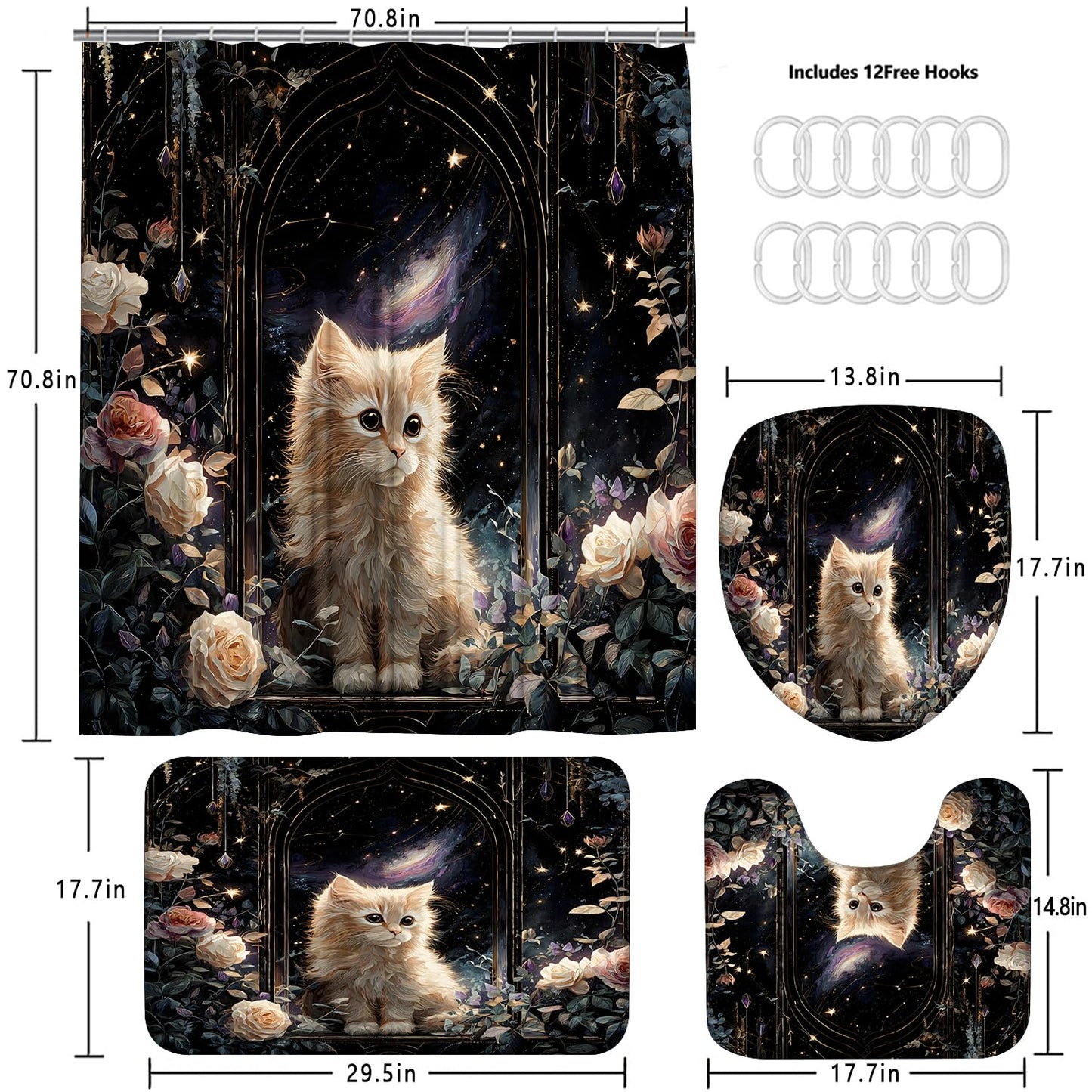 4Pcs Cat Starry Shower Curtain Sets with Non-Slip Rugs, Toilet Lid Cover and Bath Mat, Rose Pet Pattern Home Bathroom Decor Set Accessories Waterproof Shower Curtains with 12 Hooks, 72 x 72 Inch