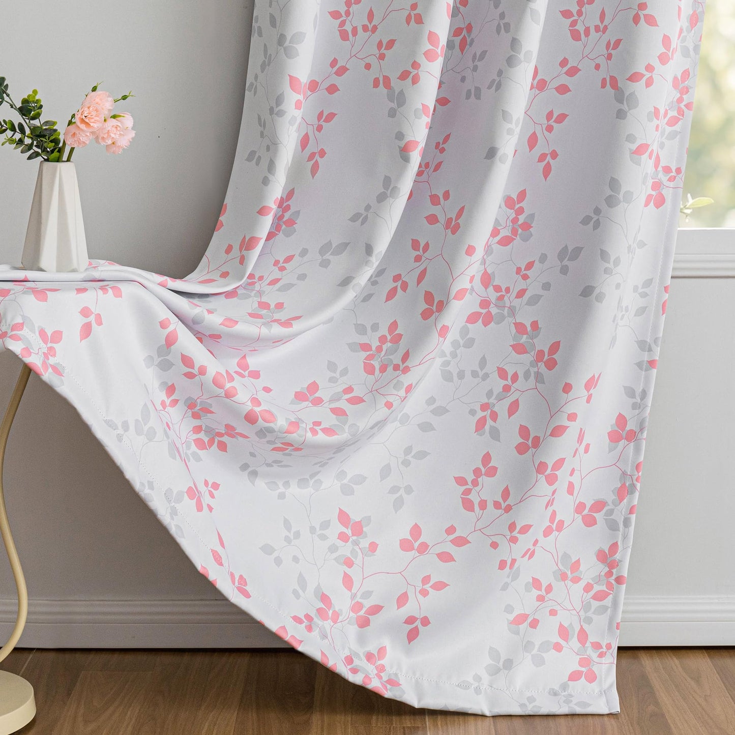 MEETSKY Pink Curtains for Girls Bedroom 95% Blackout Nursery Curtains 84 Inches Long- Leaf Patterned Curtain for Kids Nursery Thermal Insulated Grommet Window Drapes, Each Panels 52 Inch Wide