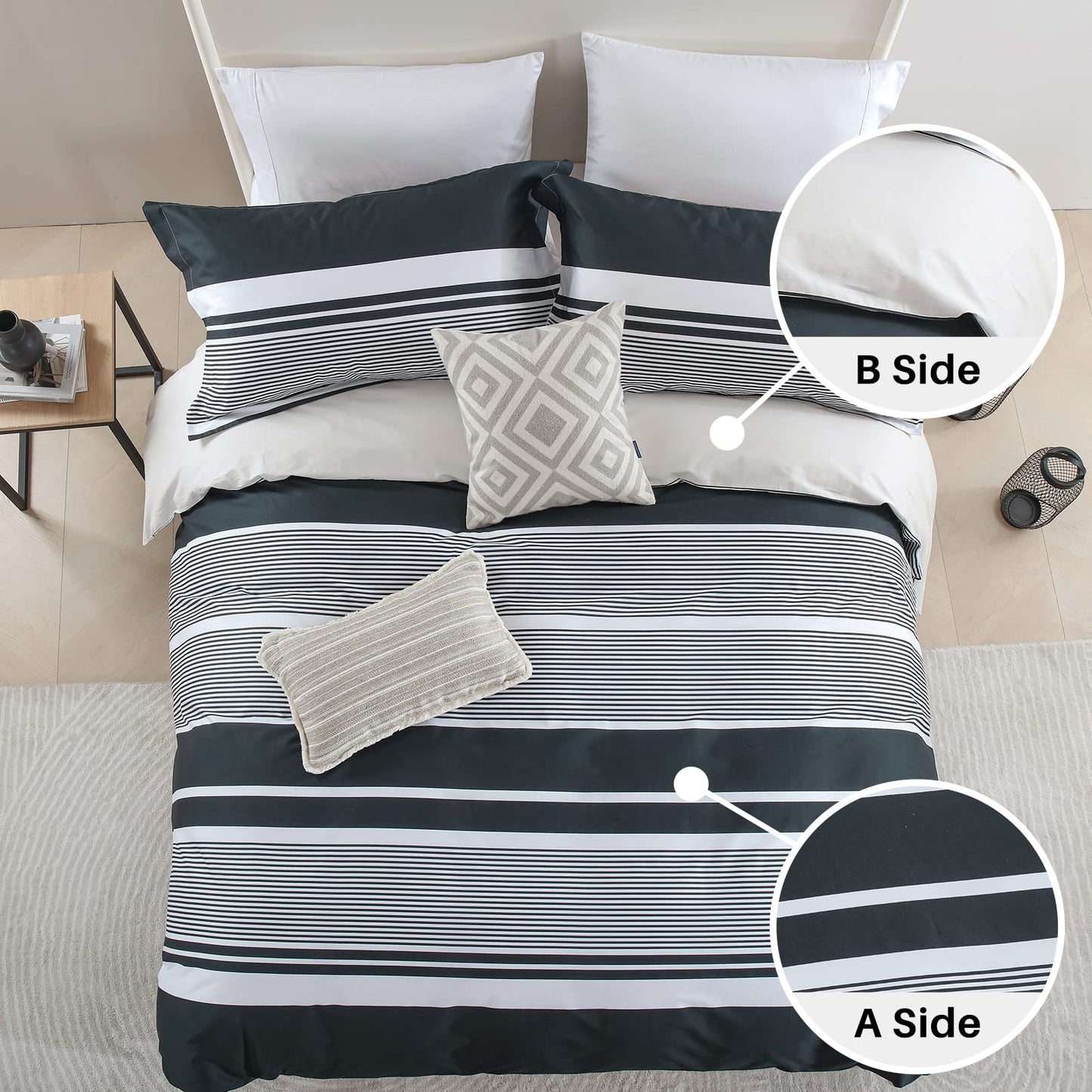 CozyDH Duvet Cover Set King Size - 100% Cotton 400 Thread Count Lightweight Soft Modern, 3 Pieces Striped Bedding Set with 8 Ties Zipper Closure (Black Gray, 104x90, NO Comforter)