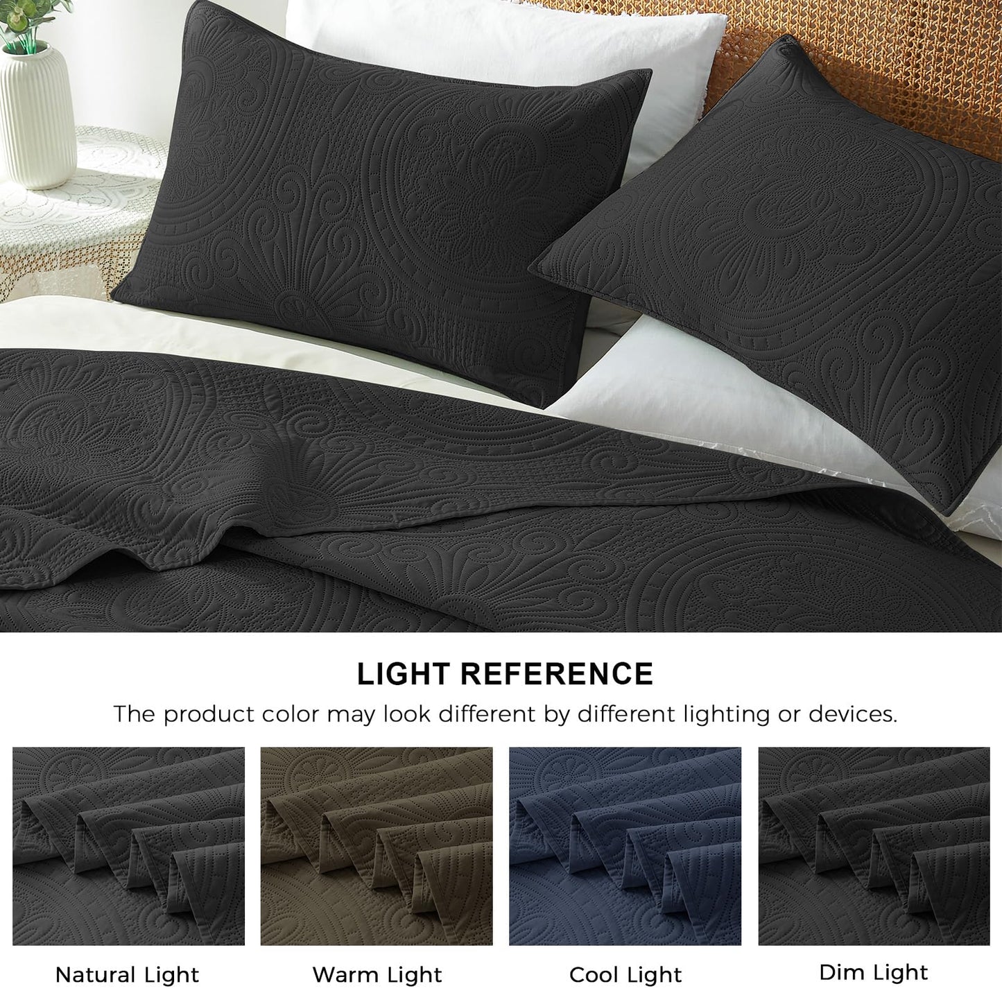 WURUIBO Twin Quilt Set Black,Ultrasonic Embossed Bedspread, Lightweight Microfiber Coverlet, Modern Thin Bedding Set for All Season, 2 Piece(1 Quilt,1 Pillow Shams)