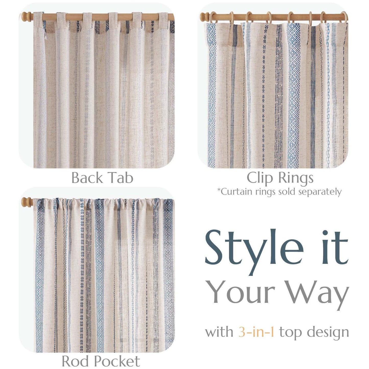 jinchan Linen Blend Boho Curtains for Living Room, 84 Inch Long Blue Printed on Beige Retro Farmhouse Bohemian Geometric Striped Drapes, Light Filtering Back Tab Curtains 2 Panels