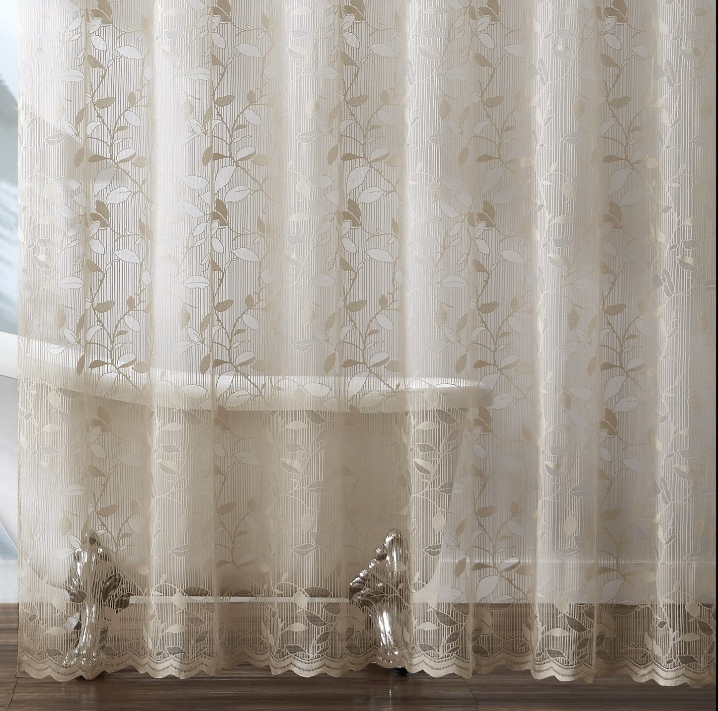 LINENZONE Lace Shower Curtains with Elegant Leaf Design. 72 x 72 Size. Can Be Used As Both Rustic Shower Curtain or Modern Shower Curtain. Bathroom Curtain with Scalloped Bottom. (Grace 72 x 72 Linen)