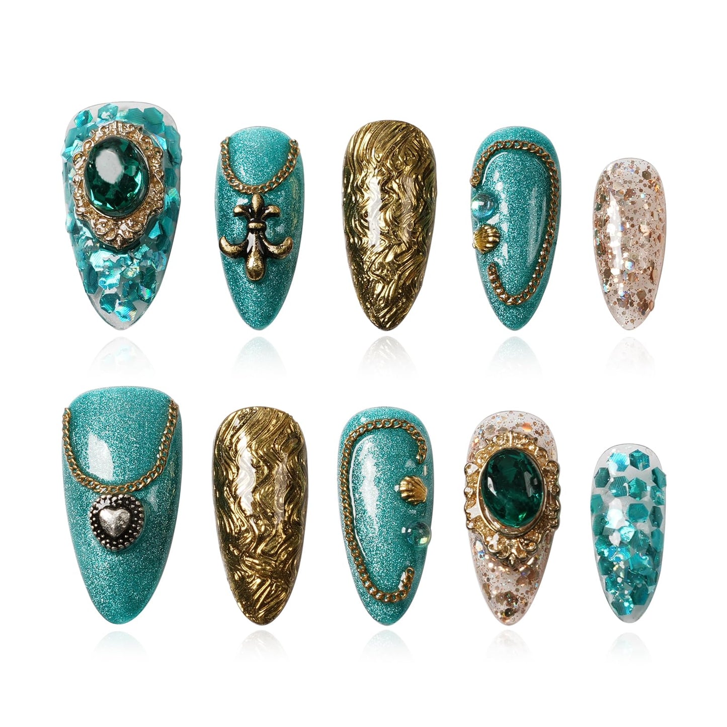Tesytto Luxury Vintage Press on Nails Medium Almond, Handmade 3D Gemstone & Glitter Design Green Gold Acrylic Nails, Reusable False Nails (Exotic Flair,M)
