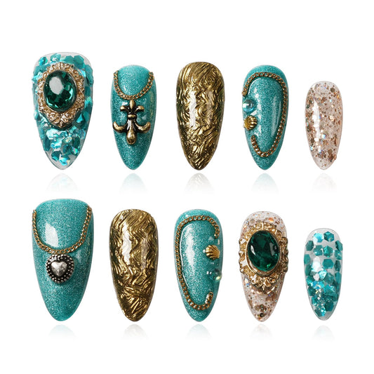 Tesytto Luxury Vintage Press on Nails Medium Almond, Handmade 3D Gemstone & Glitter Design Green Gold Acrylic Nails, Reusable False Nails (Exotic Flair,M)