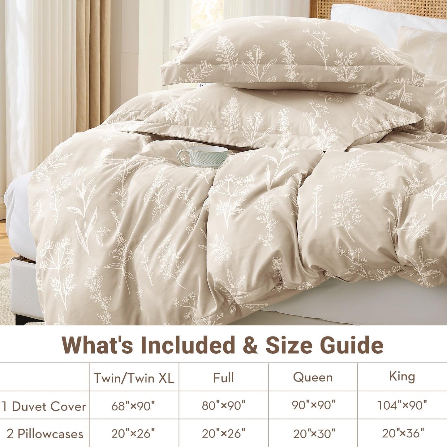 MUXHOMO Duvet Cover Queen Size, Reversible Floral Beige Duvet Cover Set with Zipper Closure, 3 Pieces Botanical Patterns Soft Microfiber Bedding Set with 4 Ties (90"x90", 2 Pillow Cases)