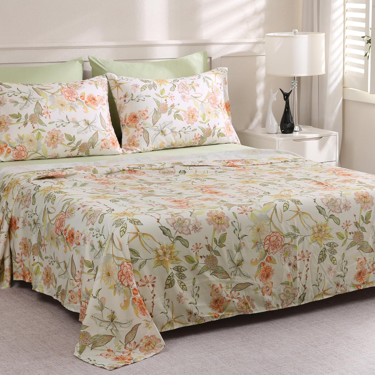 LONAVA Floral King Size 6 Pcs Sheet Set, Breathable Microfiber Deep Pocket Glass Green Fitted Sheets, Comfy & Breathable Patterned Flat Sheets,4 Gentle Soft Pillowcases, Fall Floral