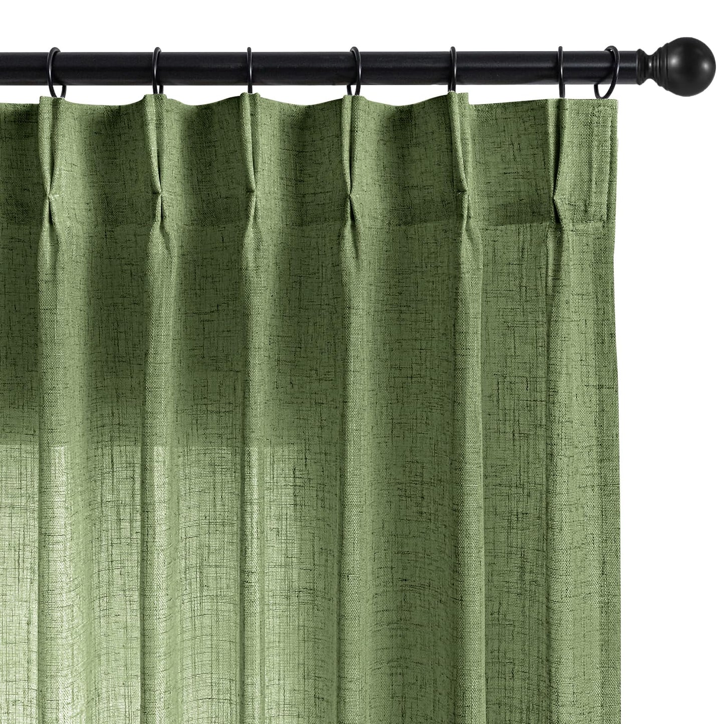 Joydeco Olive Green Pinch Pleated Linen Curtains 84 Inch Long 2 Panel Set for Living Room, Semi Sheer Curtain for Bedroom, Back Tab Light Filtering Drapes with Adjustable Hooks (40”W x84”L)