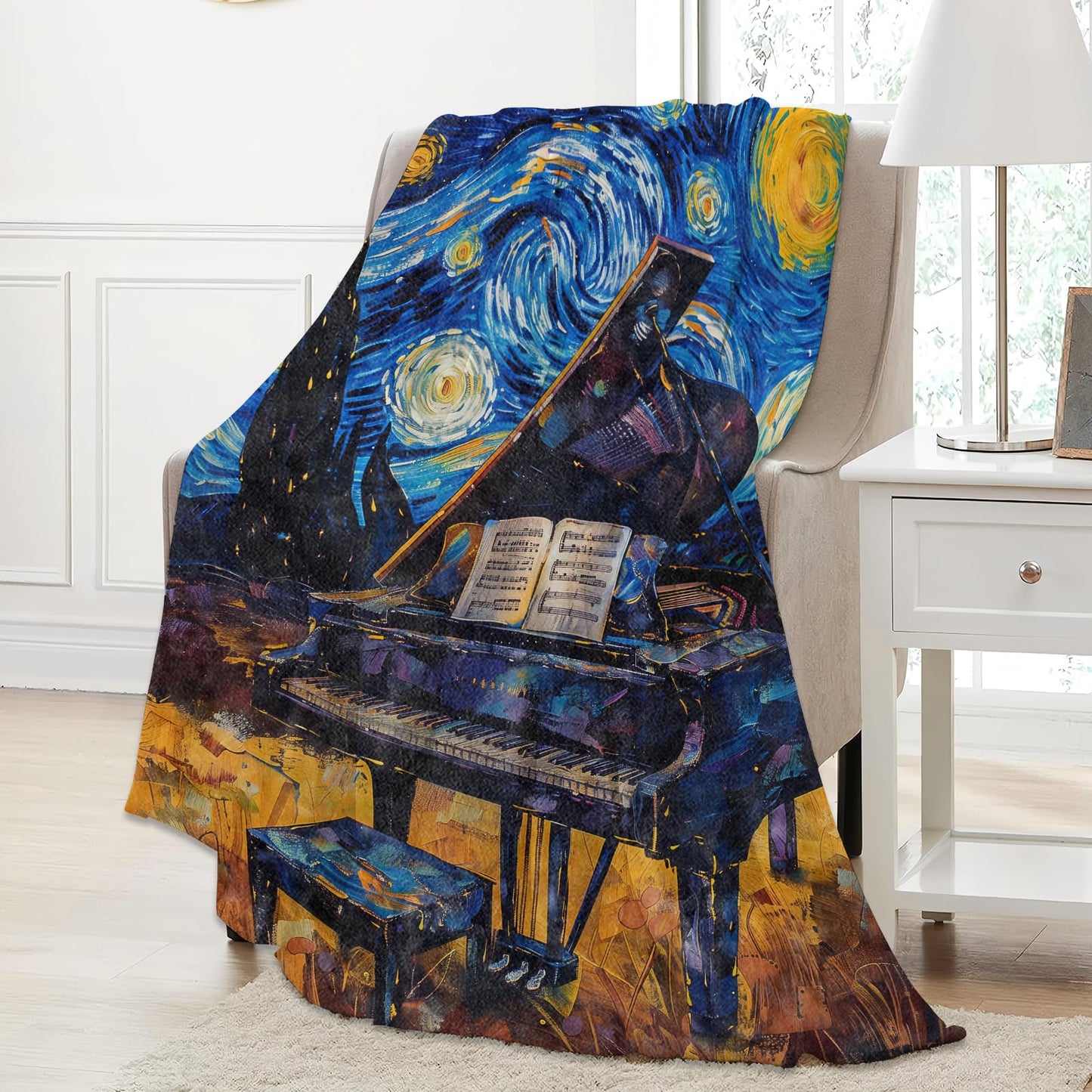 Aonimonis Piano Starry Night Throw Blanket Gifts for Women Adults Girls, Soft Fuzzy Warm Cozy Flannel Blankets for Bedroom, Travel, Couch, Home Decor 50x60 in