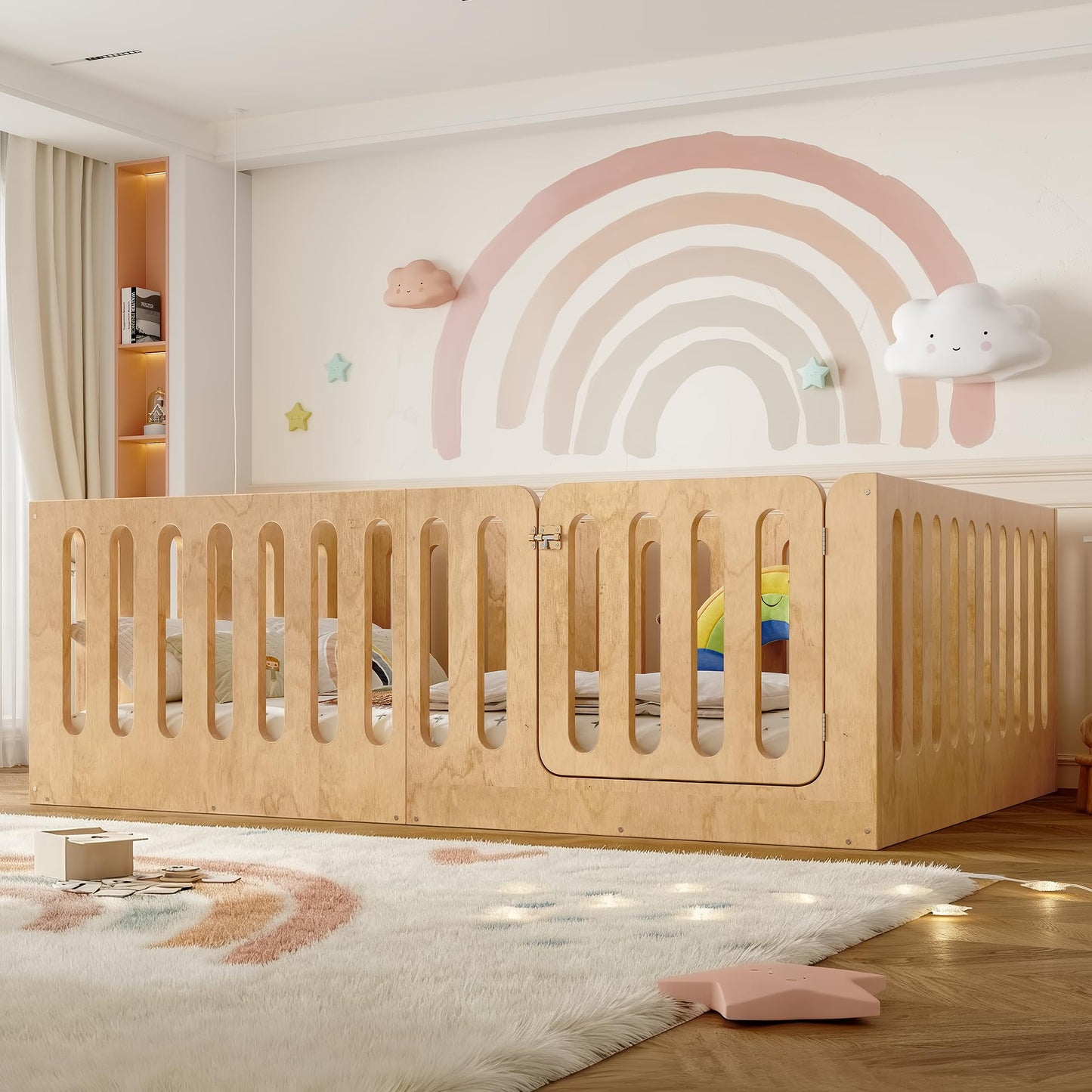KEIKI Full Size Wood Montessori Floor Bed Frame with Door, for Girls and Boys, Modern Style Low-Profile Design Floor Bed with High Fence, Easy Assembly, No Box Spring Required, for Bedroom, Natural