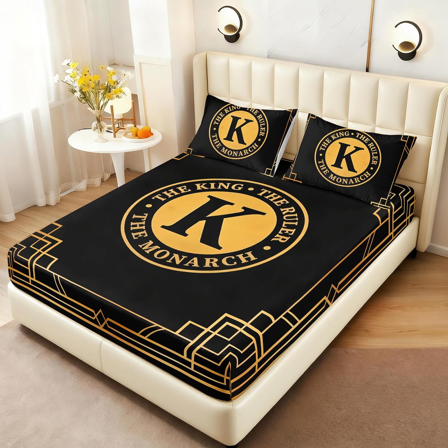 AILONEN King Ruler Monarch Fitted Sheet Set Full,Black Gold Art Bedding for Boys Men,3 Piece Luxury Geometric Bedroom Decor with 2 Pillowcases,16" Deep Pocket