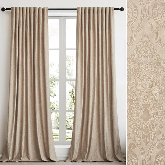 GIGIZAZA Beige Velvet Curtains 84 Inch Long for Living Room,2 Panels Luxury Vintage Drapes Floral Embossed Blackout Window Curtain Back Tab Thermal for Bedroom