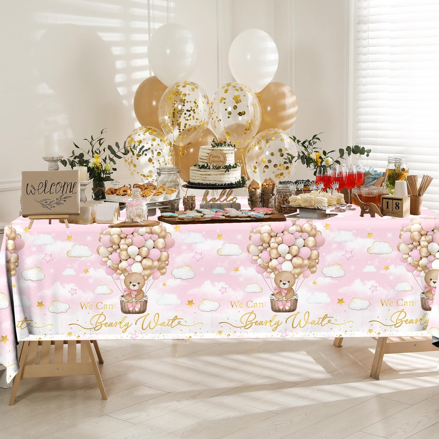CMUSKO 3Pcs Pink Bear Baby Shower Tablecloth, We Can Barely Wait Baby Shower Decorations Teddy Bear Table Cover for Girls Bear Beraly Wait Party Supplies, 108x180cm