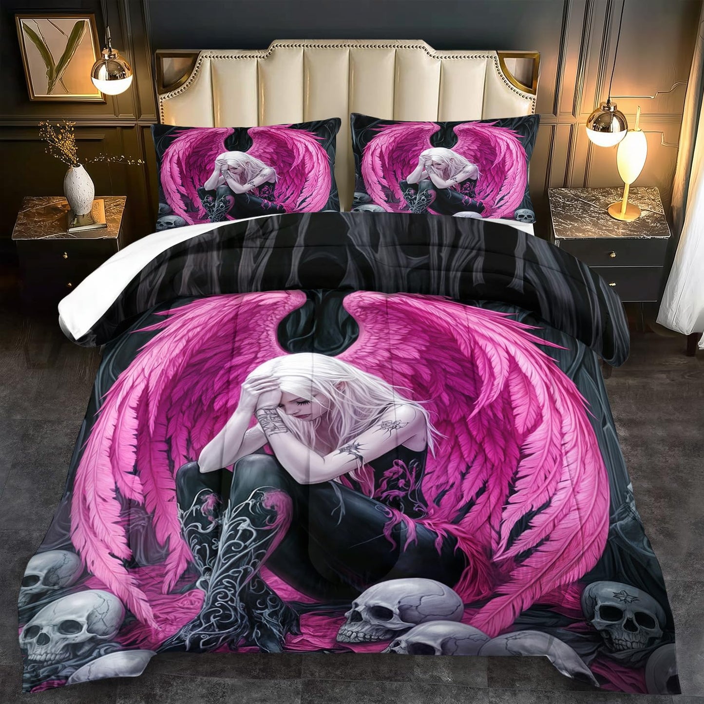 llyxsesty Gothic Skull Comforter Set Queen for Adults,Angel Wings Bedding Set Pink for Girls,Sexy Angel Comforter Bedroom Decor Teen,Gothic Skull Bedding Decor Pink Wings Quilt