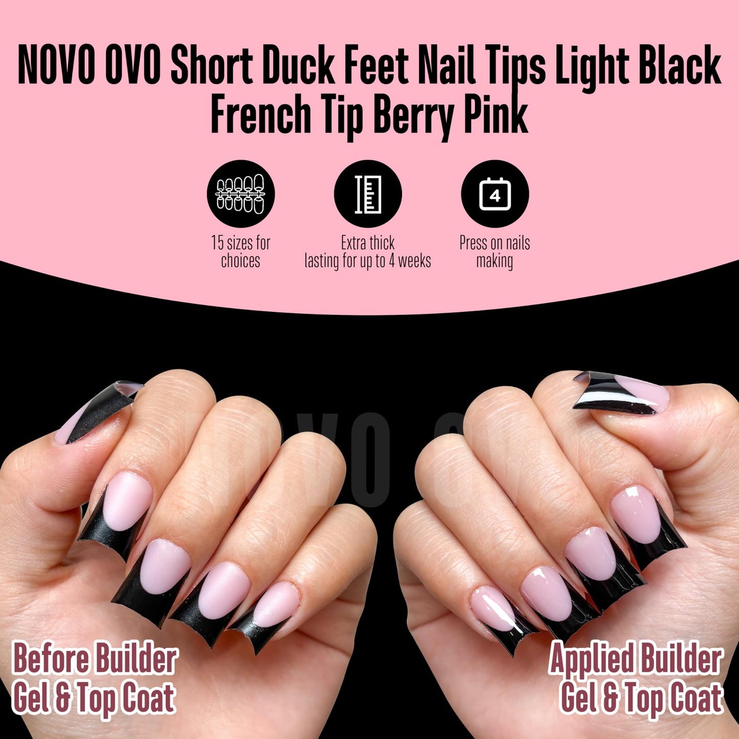 NOVO OVO Duck Nails Short with Moon Curve Black French Tips Berry Pink, 240Pcs Soft Gel Flare Wide French Full Cover False Nail Tips, Press on Acrylic Extension (15 Sizes)