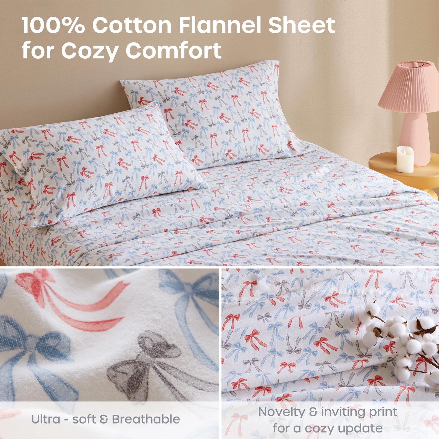 Intelligent Design Flannel Sheets Full, Cozy Soft 100% Cotton Flannel Bedding, Printed Warm Full Sheets Set, Ultra Soft Cold Weather Bed Sheet Set, Happy Bows, 4 Piece
