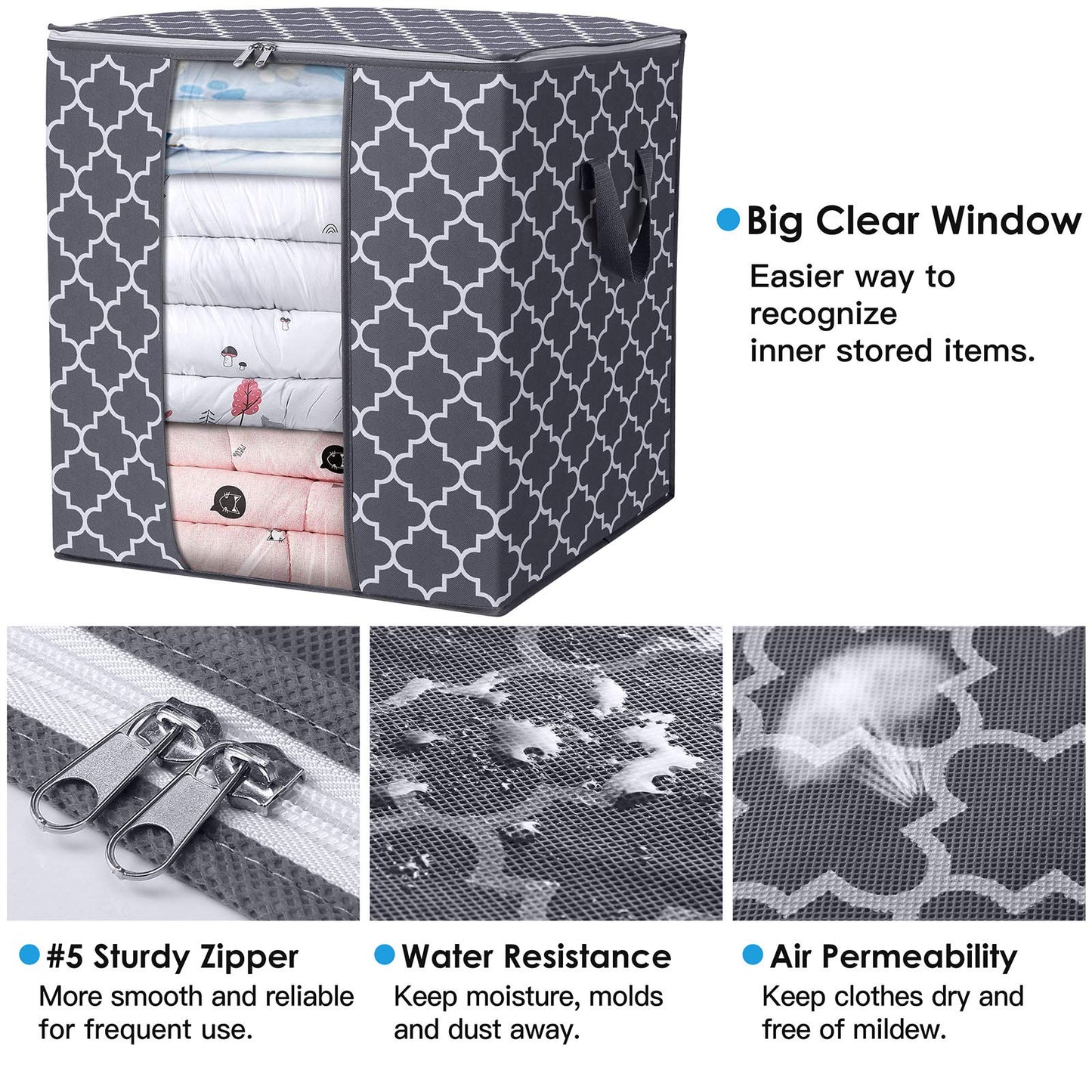 WISELIFE Storage Bags 3 Pack/100L Large Blanket Clothes Organization and Storage Containers for Comforters,Bedding, Foldable Organizer with Reinforced Handle, Clear Window, Sturdy Zippers,Gray