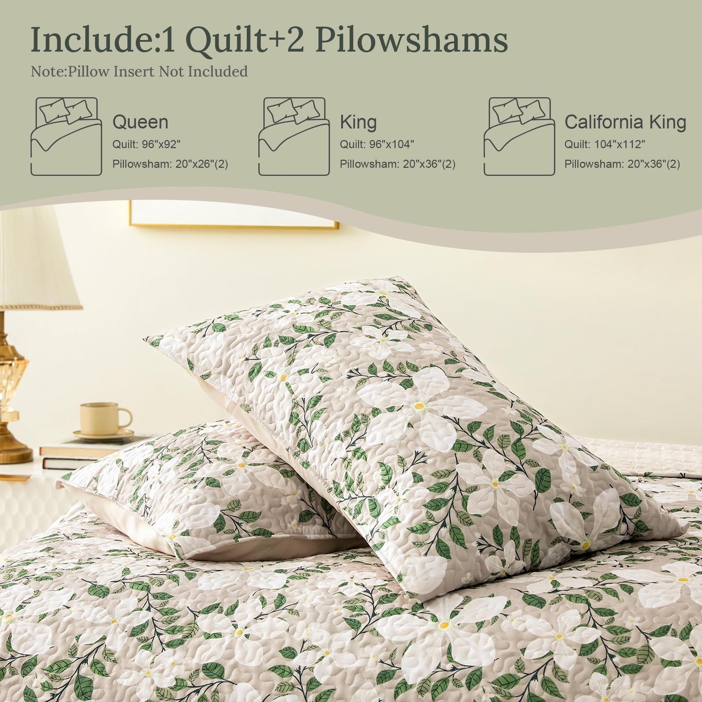 Whale Flotilla Reversible Printed Quilt King Size, Extra Soft Boho Floral Leaf Bedspreads for Bed Lightweight King Quilt Bedding Set Coverlets with 2 Pillow Shams for All Seasons, White Bone
