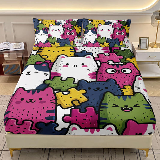 AILONEN Kawaii Cat Fitted Sheet Twin XL Size, Colorful Puzzle Jigsaw Bedding, Kids Whimsical Kitten Doodle Mattress Cover, 16" Deep Pocket Microfiber 3 Piece Sleep Decor Upgrade