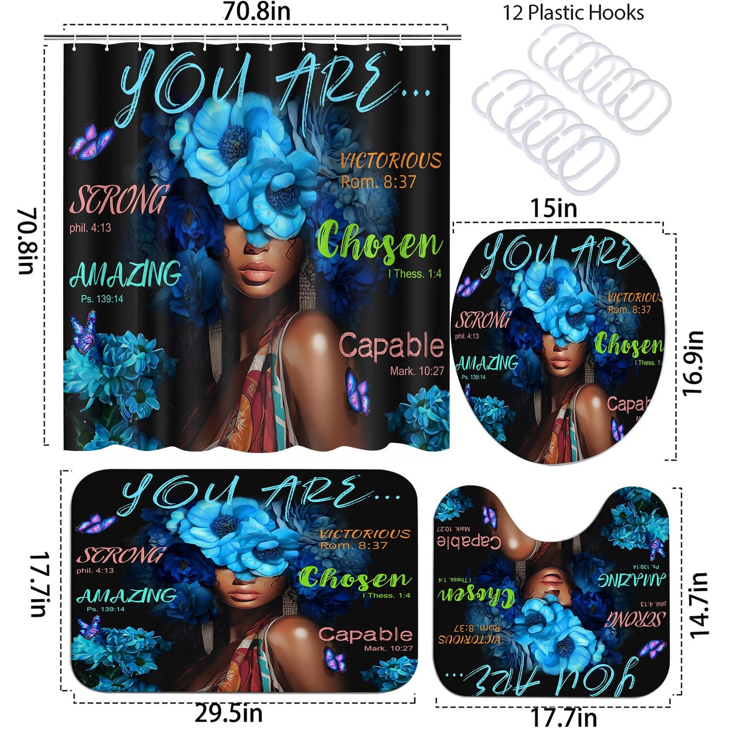 Omebero Black African Flower Woman Shower Curtain Set, Blue Art Words Bathroom Set with Shower Curtain and Rugs, Toilet Lid Cover, Bath Mat,Waterproof Fabric Shower Curtains and Hooks for Bathroom