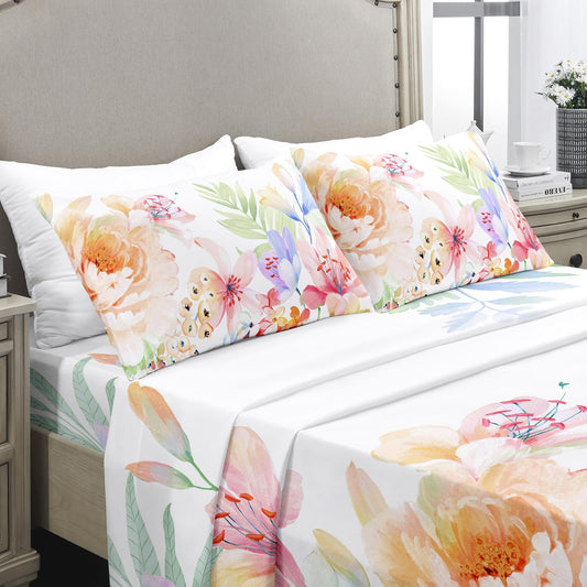 YIYEA Queen Sheet Set, Luxury 1800TC Hotel Quality Double Brushed Microfiber Floral Bed Sheets for Queen Size Bed, Extra Soft, Deep Pocket, Shrinkage and Fade Resistant, 4PC (Queen)