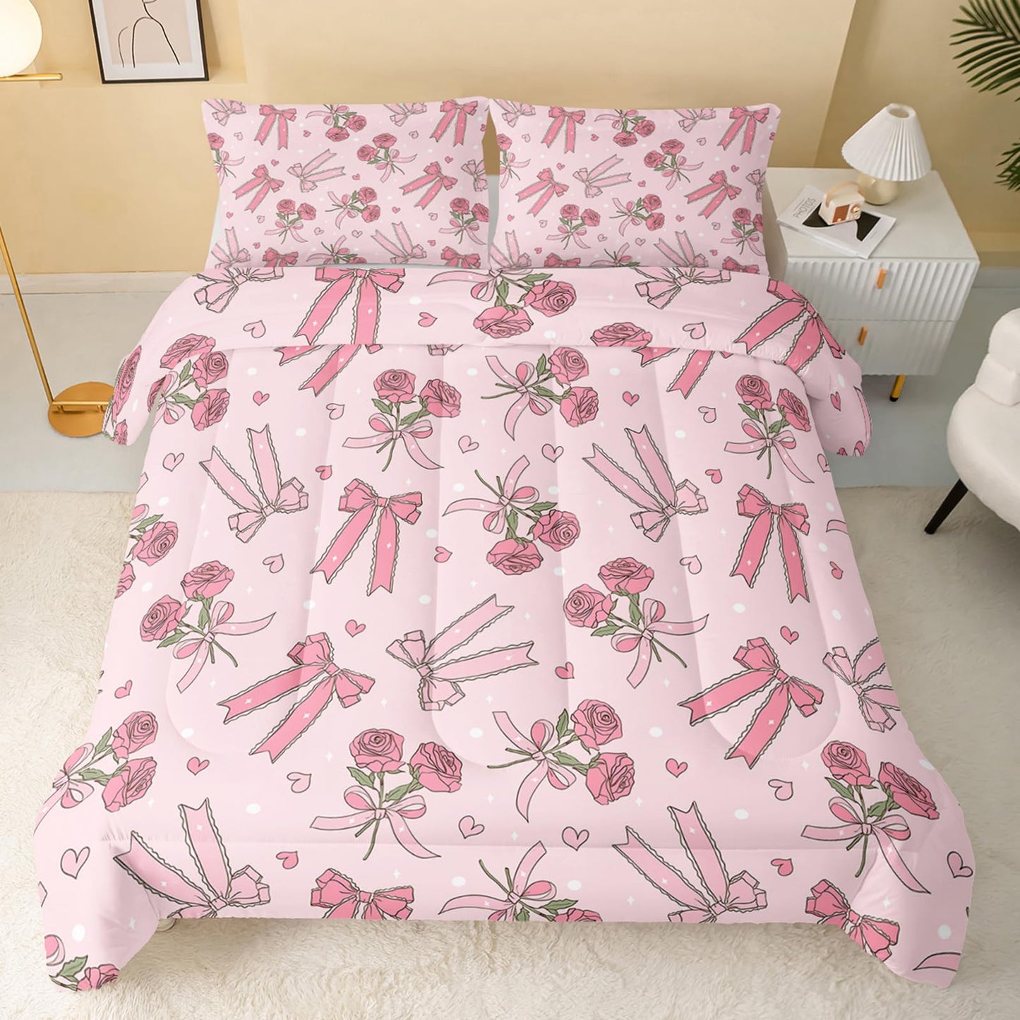 QOOMO 3Pcs Bow Comforter Set Twin,Pink Floral Bedding Set for Teens Boys Girls,Pink Bowknot Printed Comforter with 2 Pillowcases,Down Alternative,Soft and Lightweight