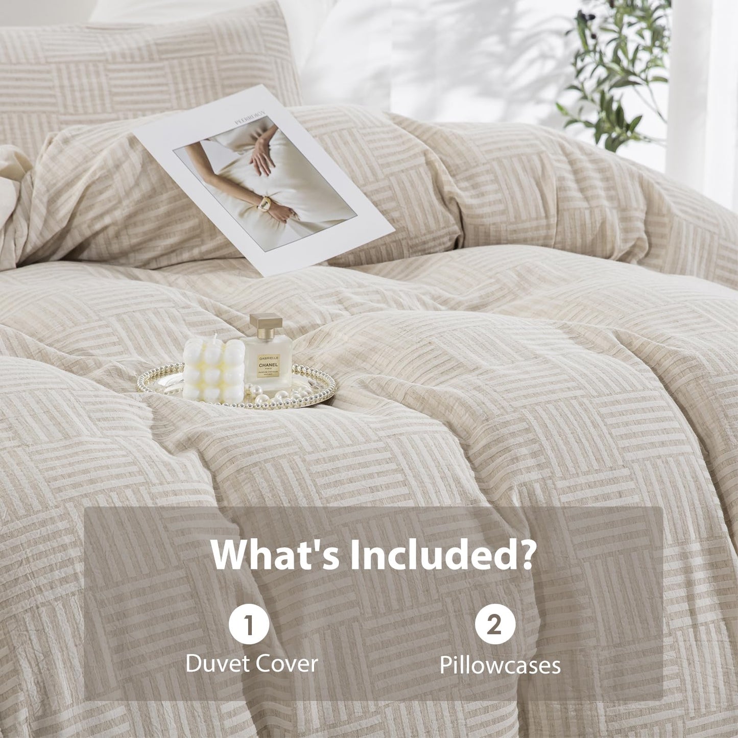 TodaFre Linen Cotton Duvet Cover King Size, Natural Moisture Wicking Beige Grid Weave Textured, Cooling Breathable Bedding Set for Hot Sleepers (Beige, 104" x 90")