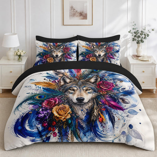Boewywh Comforter Set Twin Size Wolf Boho Peacock 7 Pcs, Bedding for Kids and Adults, Feather Floral Bed Sheet Sets with Fitted Sheet 2 Pillowcases & 2 Shams for Bedroom Bed Decor