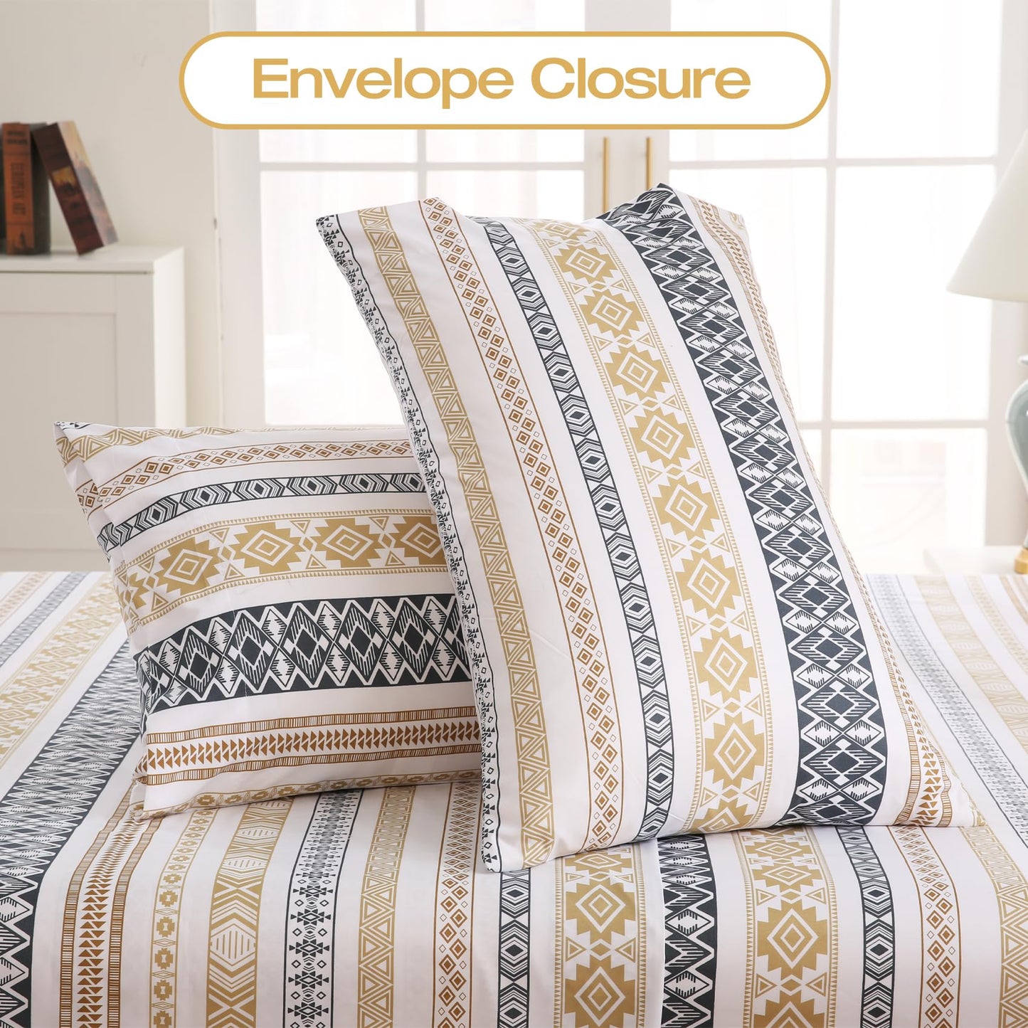 Yibeizi Striped Printed Sheet Set King, Boho Pattern Bed Sheets Fall Bedding Sheets & Pillowcases Soft Microfiber 15" Extra Deep Pocket Fitted Bedsheet 4 Piece