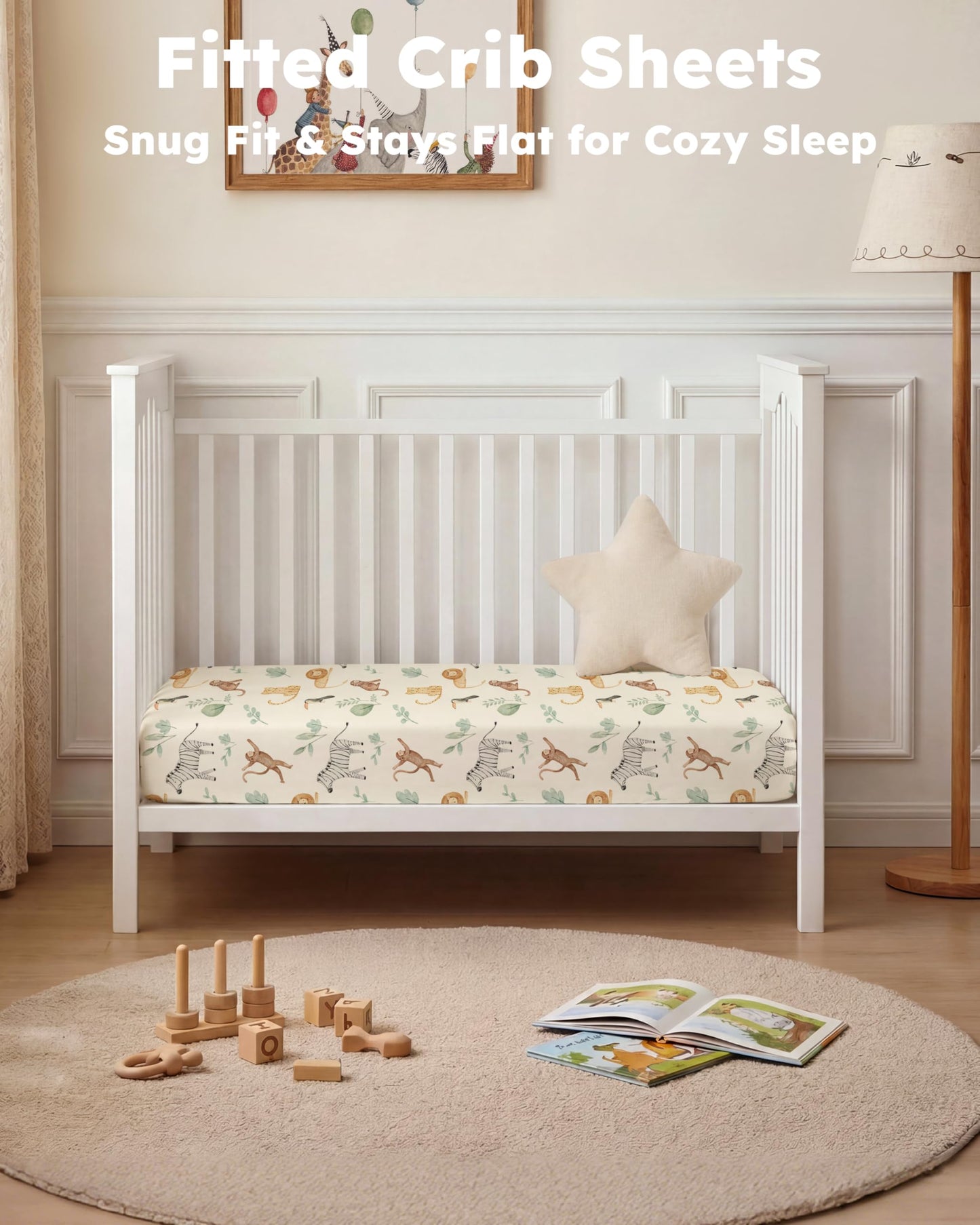Nyessmee Baby Crib Sheets for Boys and Girls, Fitted Crib Sheets 52" x 28", Soft Breathable Microfiber Sheets for Standard Crib and Toddler Mattress, 2-Pack Striped Animals