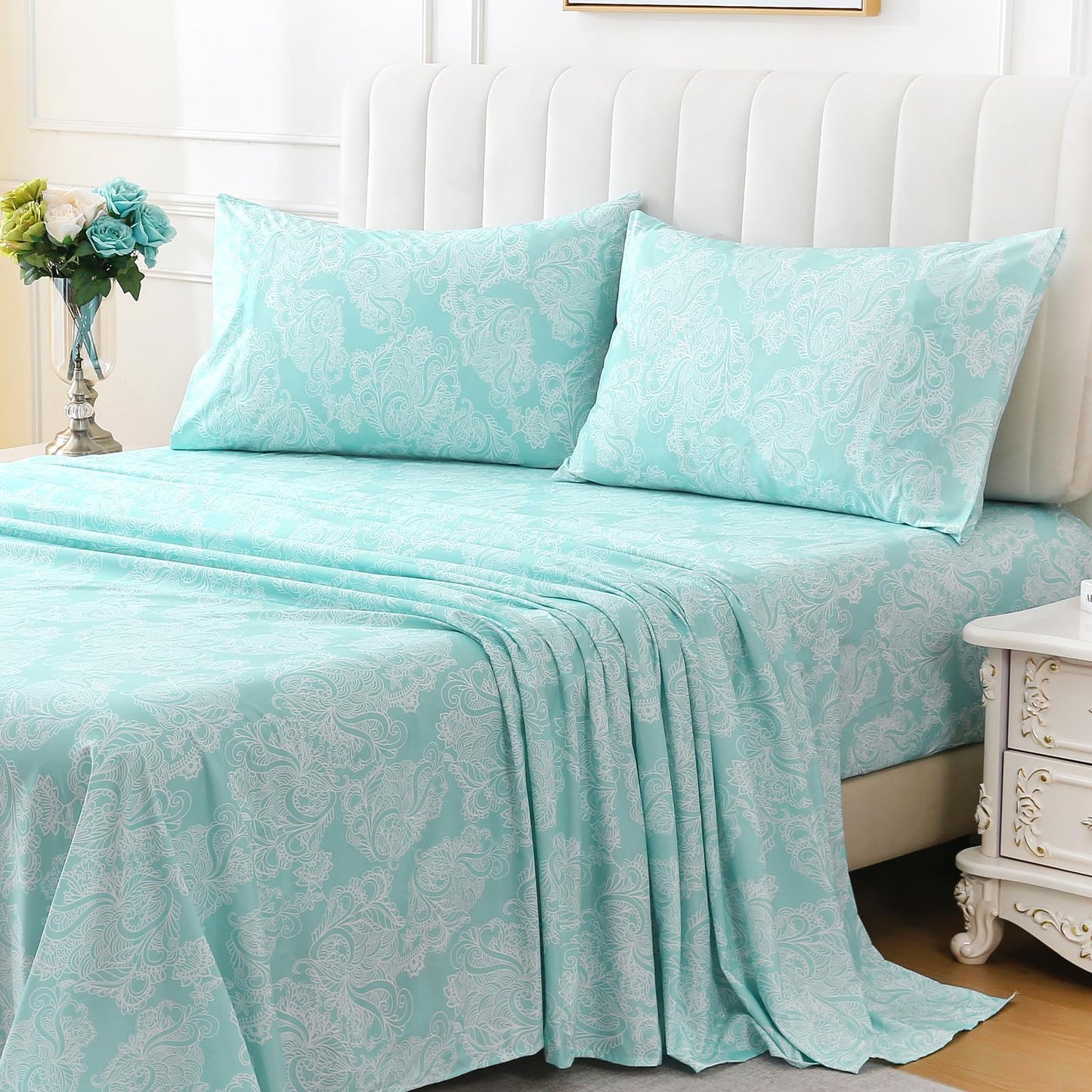 ChicView Queen Size Paisley Printed Sheet Set,4 Pieces Boho Style Breathable Soft Microfiber Bedsheets, Anti Pilling Deep Pockets Easy Care Bed Sheets, Blue