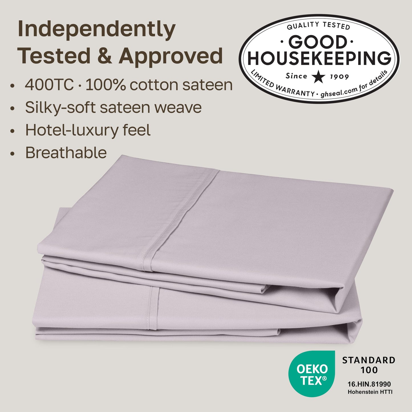 California Design Den Standard Queen Size Pillowcase Set - 400 Thread Count, 100% Cotton Sateen, Set of 2 Pillow Covers, Soft and Breathable - Dusky Lavender Grey