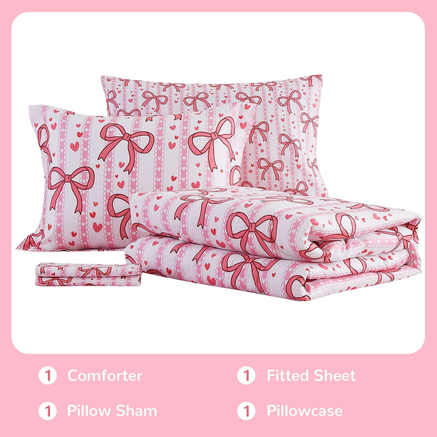 Viviland Kids Twin Bedding Sets for Girls, Soft Twin Comforter Set with Sheets, 5 Pieces Microfiber Bed in a Bag, Pink Bow