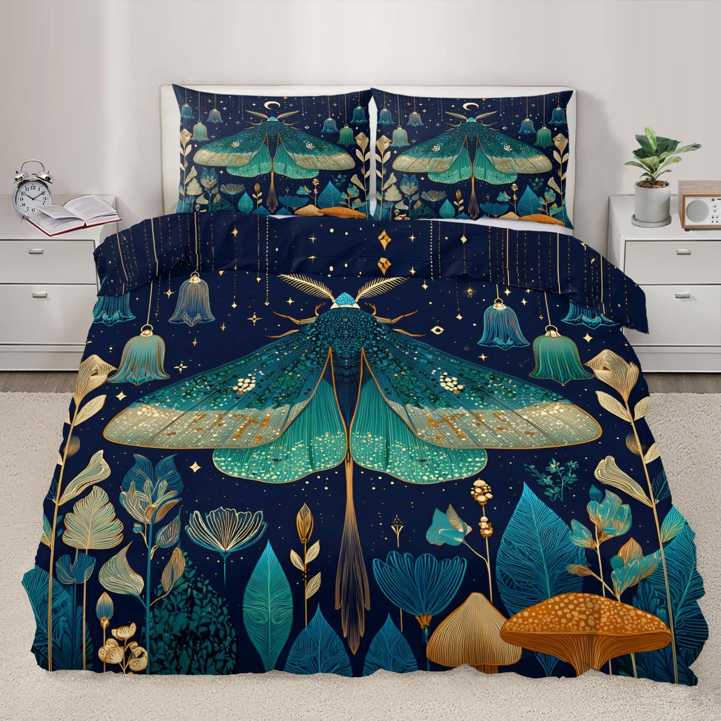 ZAMODE Moth Duvet Cover Oversized King Size, Boho Moth Comforter Cover 120" x 98", Jungle Plant Flower Bedding Set with 2 Pillowcases
