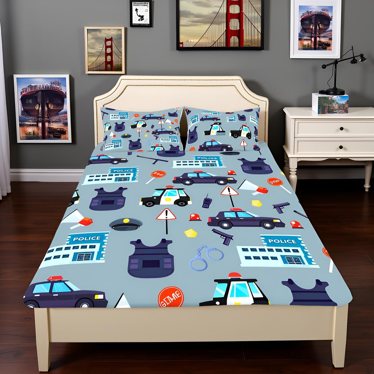 Manfei Cartoon Police Cars Kid Fitted Sheet Twin Size,American Police Office Policeman Bedding Set,Girls Boys Men Room Decor,Western Theme Bed Cover,Blue Fashion Bed Sheet,1 Pillowcase,No Top Sheet