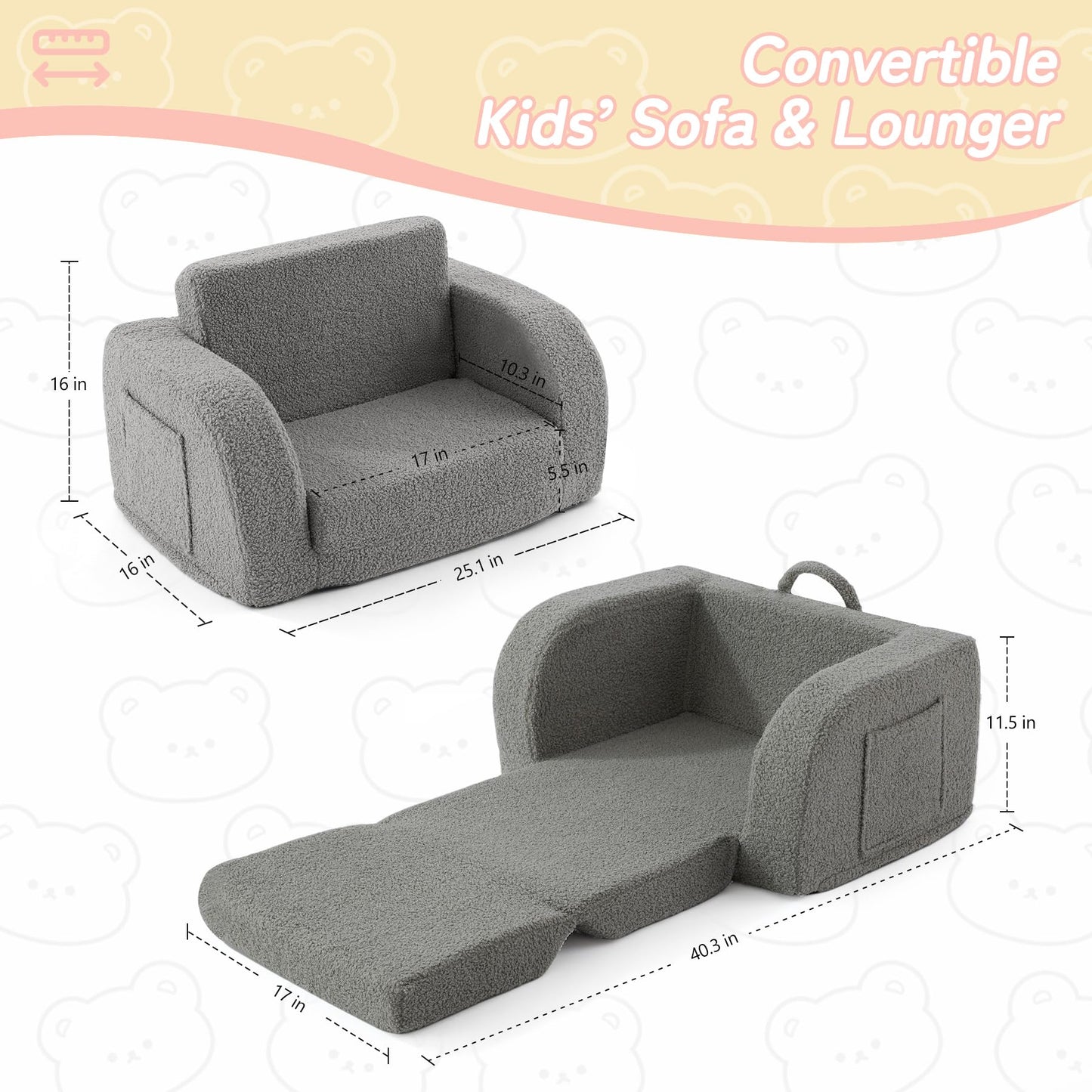 MuaMelop Toddler Couch, 2-in-1 Toddler Chairs Comfy 1-3 Years Old, Toddler Chair for Girls and Boys, Kids Couch Bed Fold Out, Convertible Baby Sofa to Lounge Chair for Playing, Reading, Napping, Grey