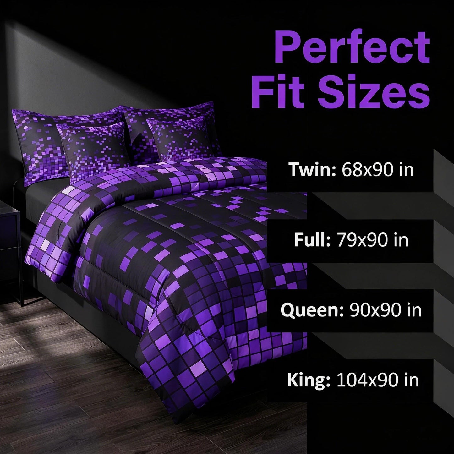 Feelyou Purple Black Pixel Art Comforter Set with Sheets 7 Piece Twin Size Gamer Bed in a Bag Kids Boys Girls Retro Pixel Bedding Set Gamer Room Decor Bedroom Decor Soft Lightweight Microfiber