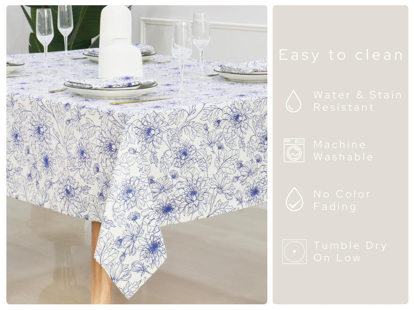 PurpleEssences Floral Blue Tablecloth Classic French Village Linen Fabric Table Cover Farmhouse Kitchen Dining Perfect for Spring Easter Summer Table Decor - 60 Inch Dia Round - Blue Floral