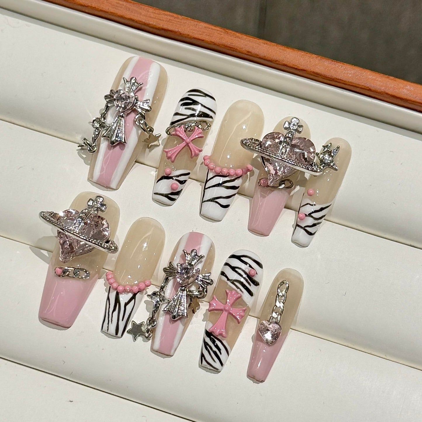 NLSJMP 3D handmade nails press on false nails,Thick Strong Waterprooft long square pink white, big heart rhinestone cross star cute acrylic fake nails designed kit,10 Nails Size L #95