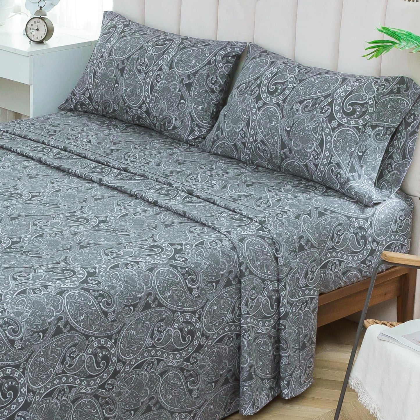KACEMOO Bed Sheets California King Size Gray Paisley Sheets Printed Floral Sheet Set Flower Pattern Deep Pocket Fitted Bed Sheets Microfiber Soft Breathable 1800 Thread Count Double Bedding