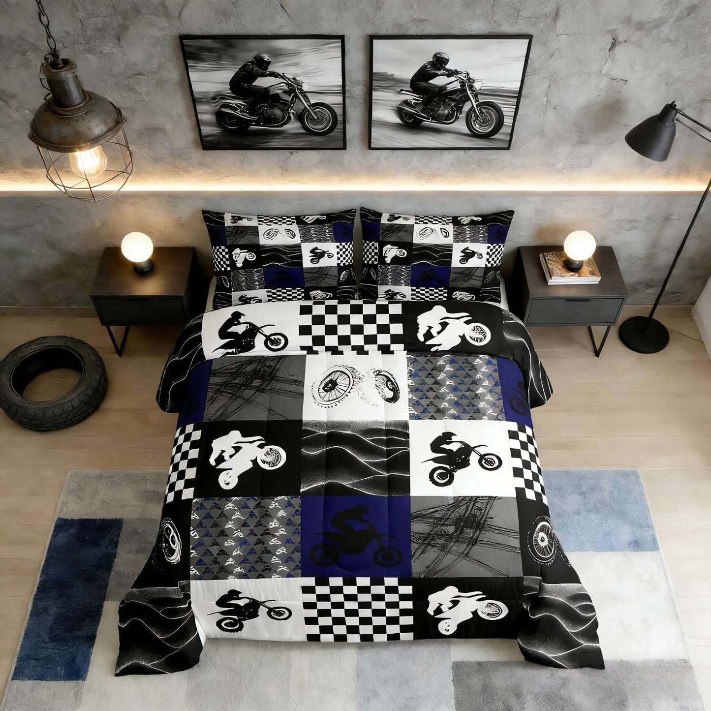 Dirt Bike Comforter Set, Motocross Rider Bedding Comforter Sets King, Motorcycle Grunge Down Comforter for Kids Boys Adult Men, Motorbike Extreme Sport Game Comforter, Buffalo Plaid, Blue Grey Black