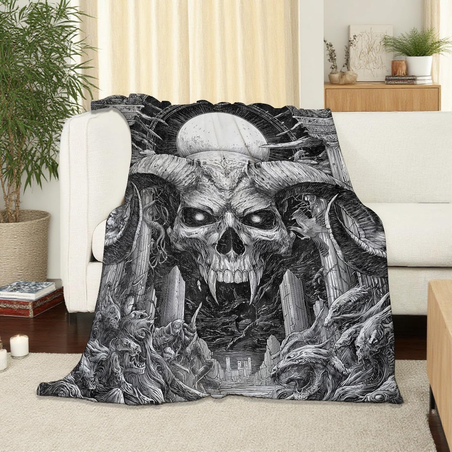 SOMEKLLY Goth Skull Throw Blanket Soft Cozy Lightweight Flannel Blankets with Gothic Fantasy Skeleton Printed for Horror Lovers Bedroom Dorm Office Halloween Decor Gifts 50x60 Inch