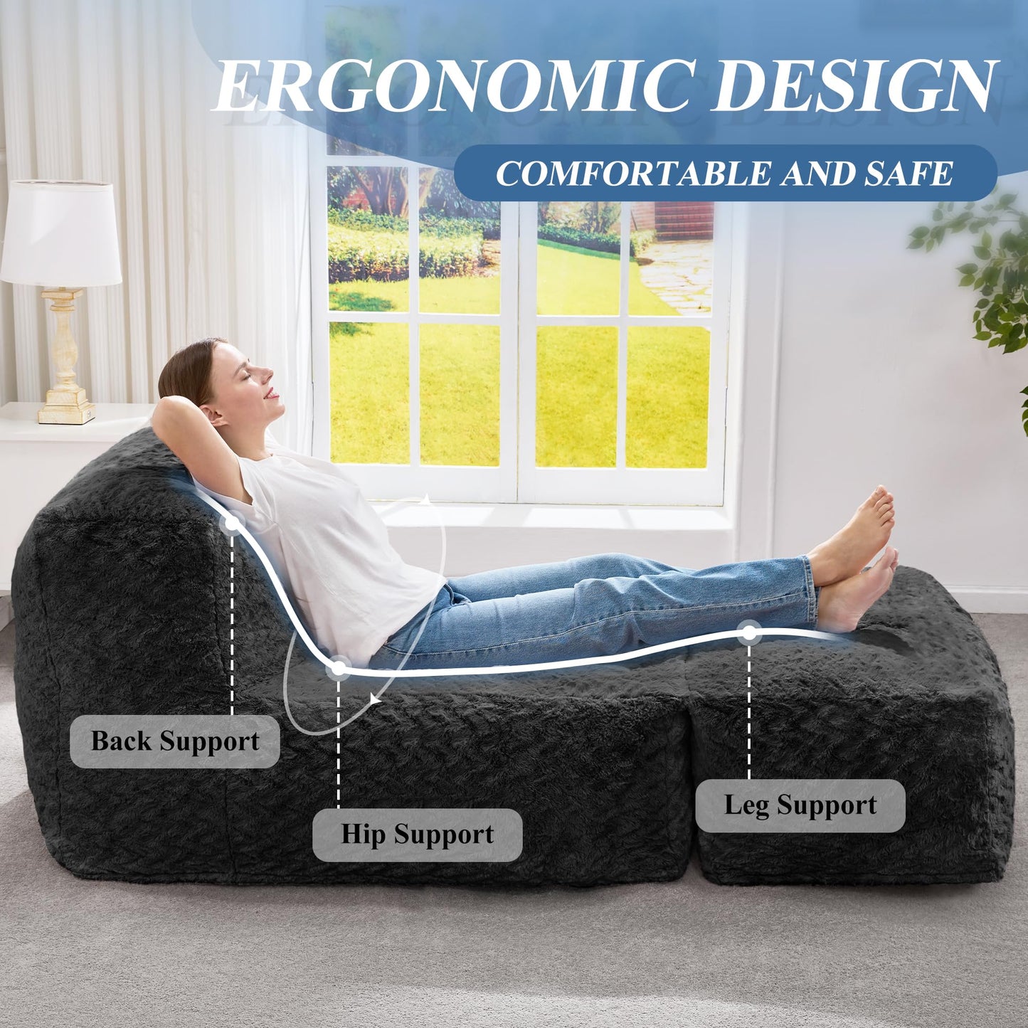 Hobestluk Giant Memory Foam Bean Bag Chairs Sofa for Adults (Black,Large)