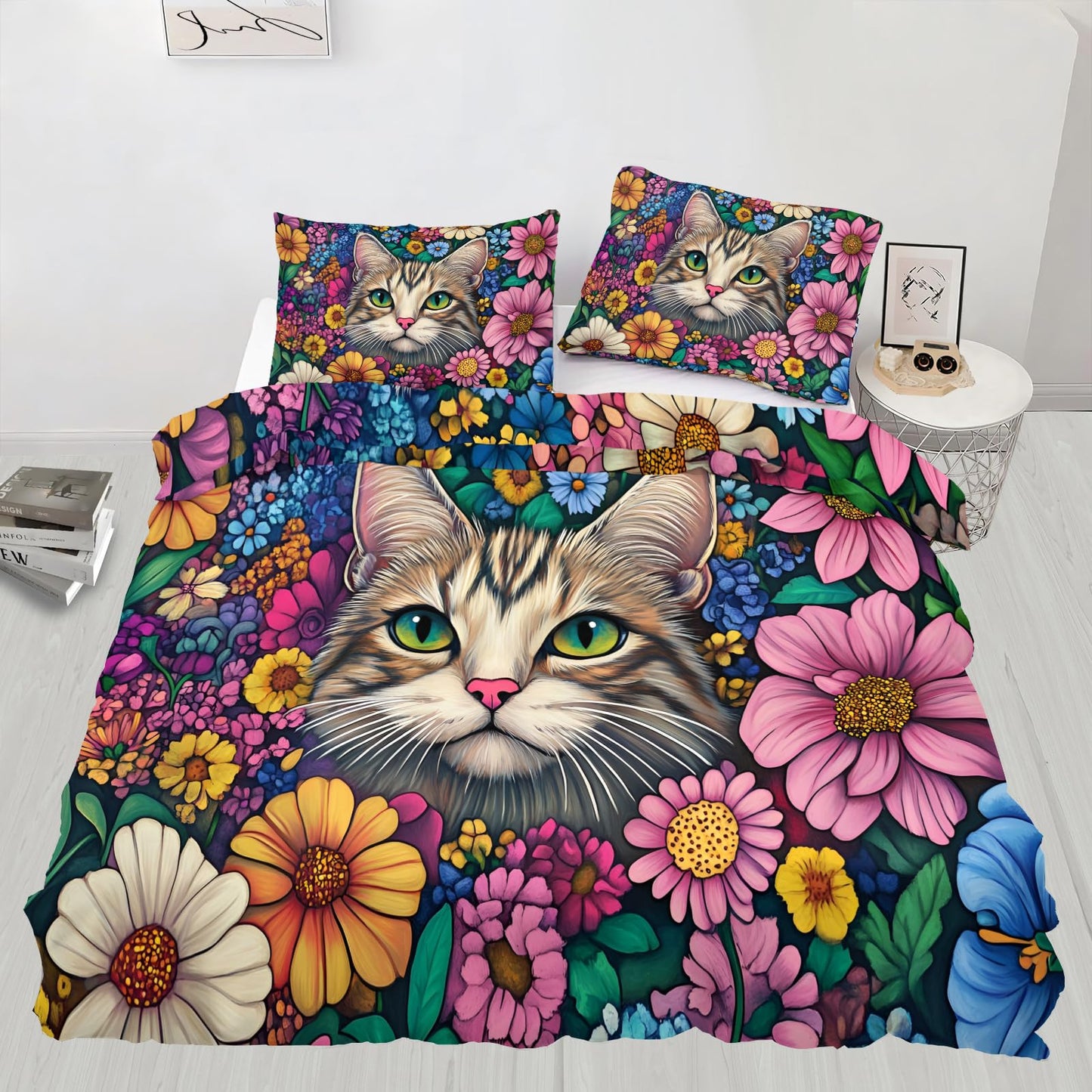 PAISUOQ Cat Print Bedding Sets Full Boho Flowers Comforter Cover with Zipper Ties, Rustic Floral Animal Duvet Cover with 2 Pillowcases, 3 Pieces，Bedroom Decor & Gifts