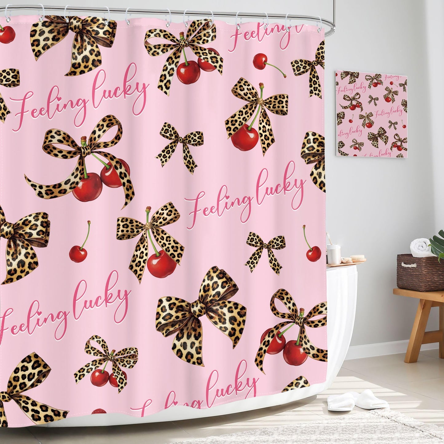 Glawry Pink Leopard Shower Curtain Trendy Cherry Bow Coquette Preppy Y2k Cheetah Print Girly Aesthetic Cute Fashion Bathroom Retro 60Wx72L Inches Bath Accessories Art Home Decor Fabric 12 Pack Hook